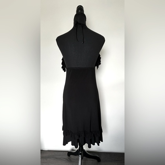 Women's Elegant V Neck Ruffle Trim Open Back Halter Black Cocktail Dress Midi M - Picture 3 of 8